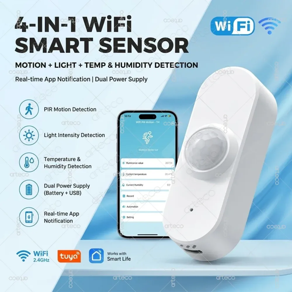 Tuya WiFi PIR Bewegungssensor Smart Life App Fernüberwachung Temperatur Luftfeuchtigkeit Infrarot-Körperdetektor mit Helligkeitserkennung