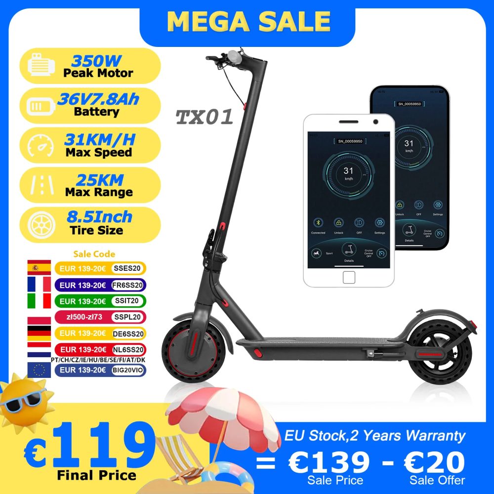 2025 JUICEASE TX01 Elektroroller 350 W Motor 36 V 7,8 Ah 25 km Reichweite 31 km/8,5 Zoll Reifen mit APP faltbarer Erwachsenen-Kick-EScooter