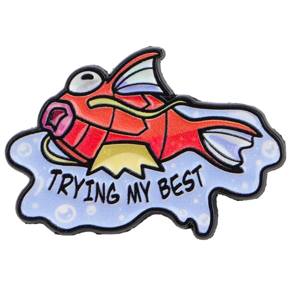 Emaille-Anstecknadeln 'TRYING THE FISH' Fisch-Brosche Cartoon-Metallabzeichen Dekoration Medaille Kleidungsbrosche Niedliche Accessoires Dekorationen Geschenk