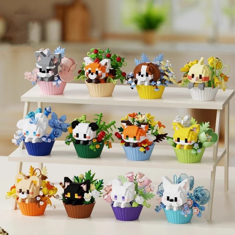 Niedliches Dessert, kleine Tiere, Topfstrauß, Cartoon-Puppe, Panda, Welpe, Baustein, Ornament, Kinderspielzeug, Geschenk