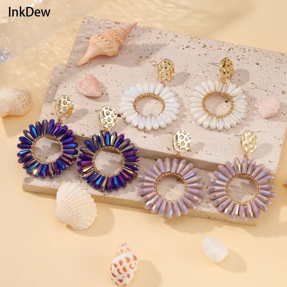 INKDEW Sonnenblume Runde Tropfen Ohrringe für Frauen Große Lange Ohrringe Handgemachte Kristall Facettierte Perlen Ohrringe Schmuck Geschenk EA113