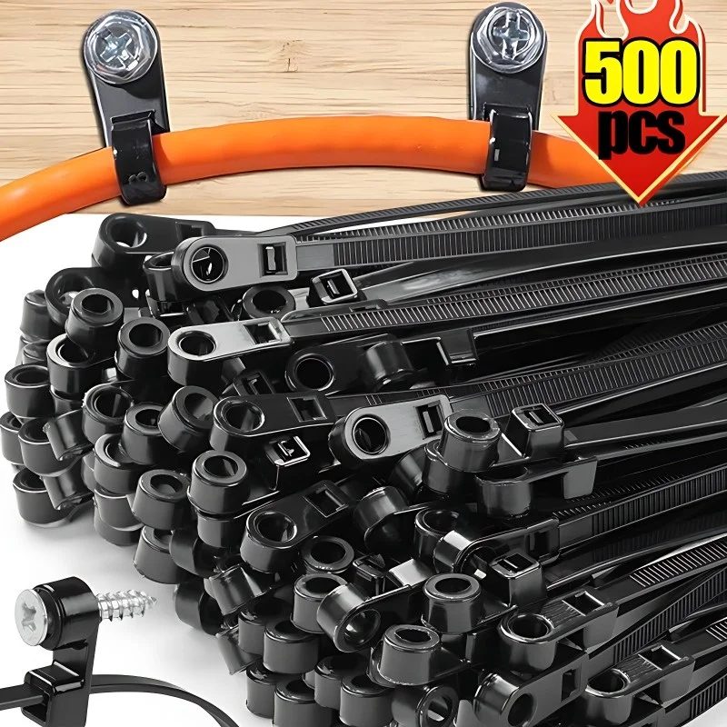 500/100 Stück Kabelbinder mit Schraubenloch, wiederverwendbar, feste Nylon-Kabelbinder, selbstsichernde Kabelbinder, Riemen, Befestigungsschlaufe, Büro-Organizer