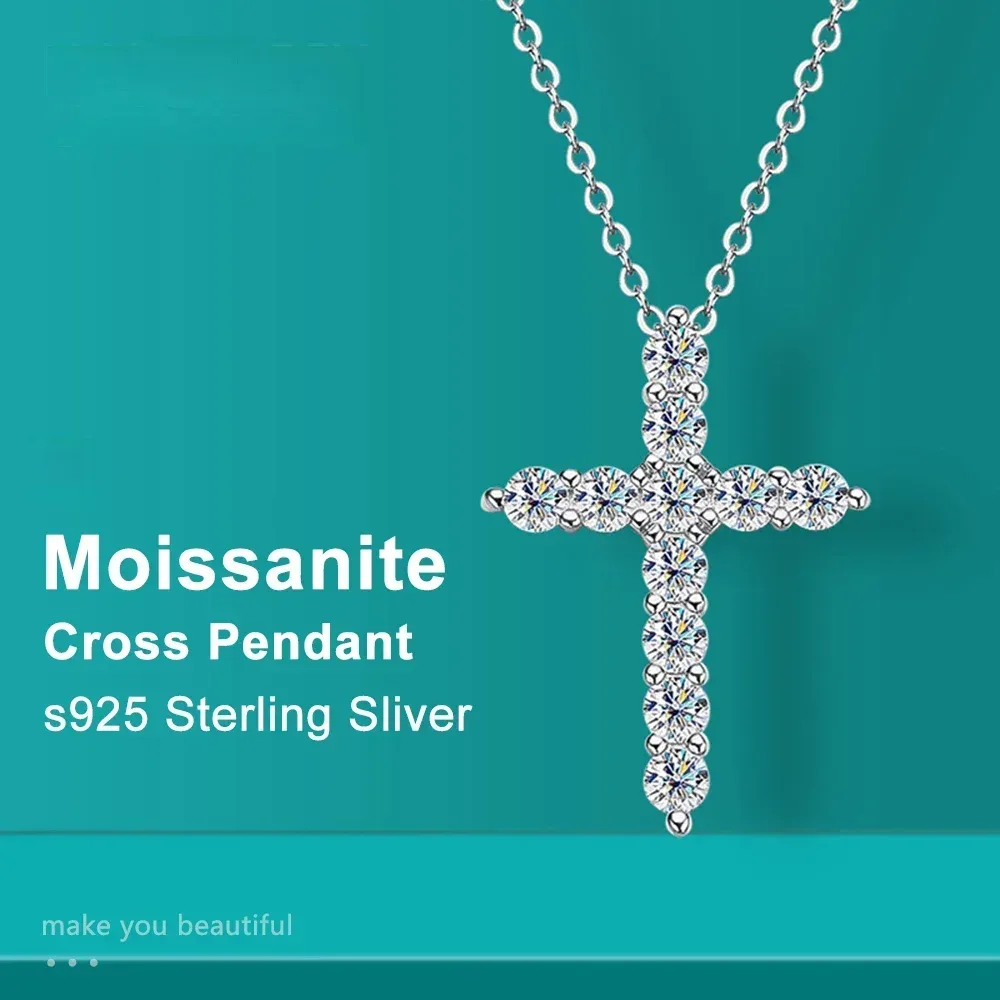 Voller Moissanit Kreuz Anhänger Original Sterg Silber Kette vergoldet Weißgold feine Halskette für Frauen Schmuck