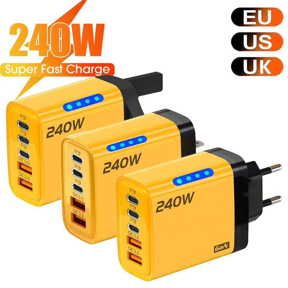 Multi-Port Schnellladegerät 240W 5 Anschlüsse USB C PD QC3.0 für iPhone Samsung Huawei Xiaomi Laptop Tablet Schnellladeadapter