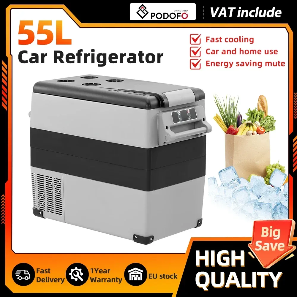 Podofo 35L 45L 55L Tragbarer Auto-Kompressor-Kühlschrank mit LED-Anzeige, geräuscharm, 12V 24V DC-Kühler für Camping und Reisen im Freien