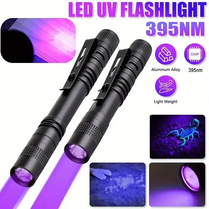 395 nm UV-Stift-Taschenlampe, Schwarzlicht-Taschenlampe mit Clip, tragbarer Detektor für Hotel-/Haustier-Urin-/Bettwanzen/Camping (AAA-Batteriebetrieben)