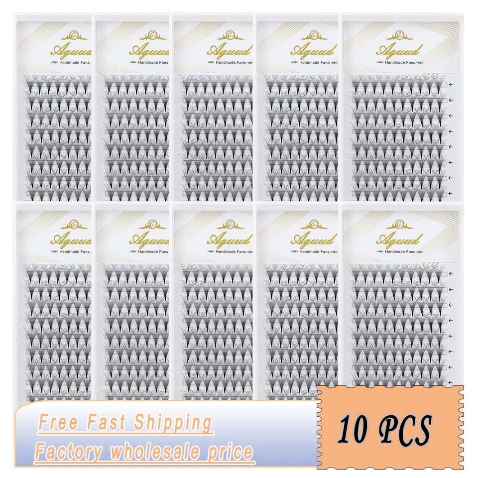 Aguud 10 Tabletts/Lot Vorgefertigte Volumenfächer-Wimpern, schmaler Stiel, spitze Basis, Wimpernverlängerungen, Großhandel, weiche russische Volumenfächer-Wimpern