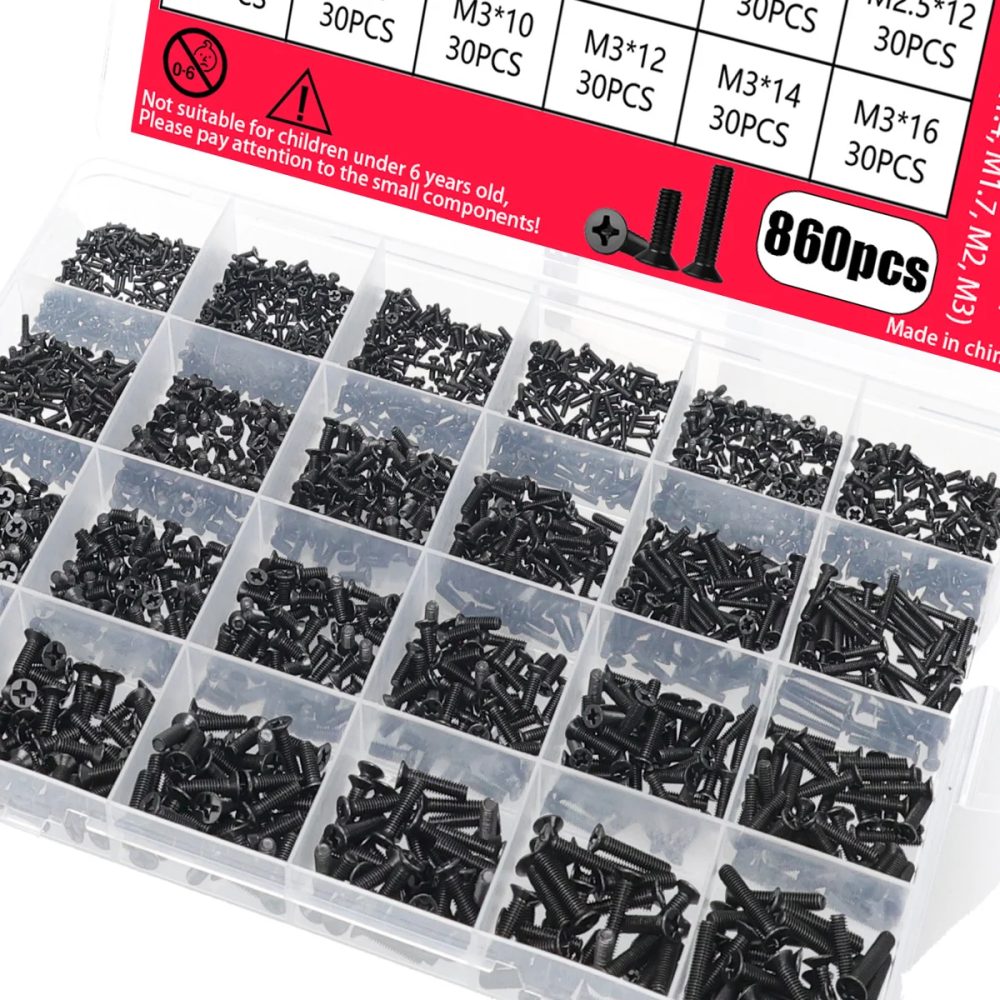 860-teiliges Miniatur-Computer-Schraubenset, Miniatur-Brillenschrauben M1,2 M1,4 M1,7 M2 M2,5 M3, elektronische Schrauben für PCs und Laptops