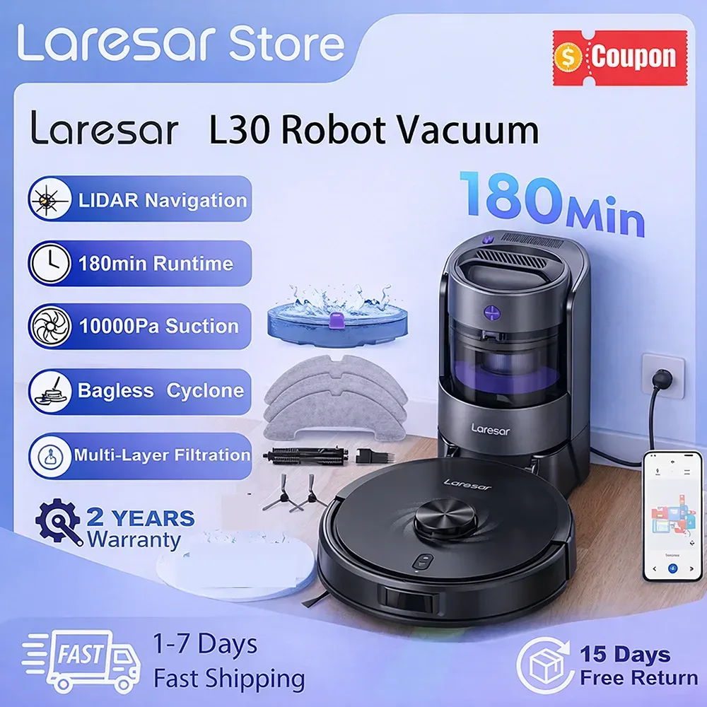 Laresar L30 Saugroboter ohne Beutel mit Zyklon-Saugkraft, 10000Pa, 180 Min Laufzeit, LiDAR-Navigation, 65 Tage Staubkapazität, 4-in-1 Saugen & Wischen