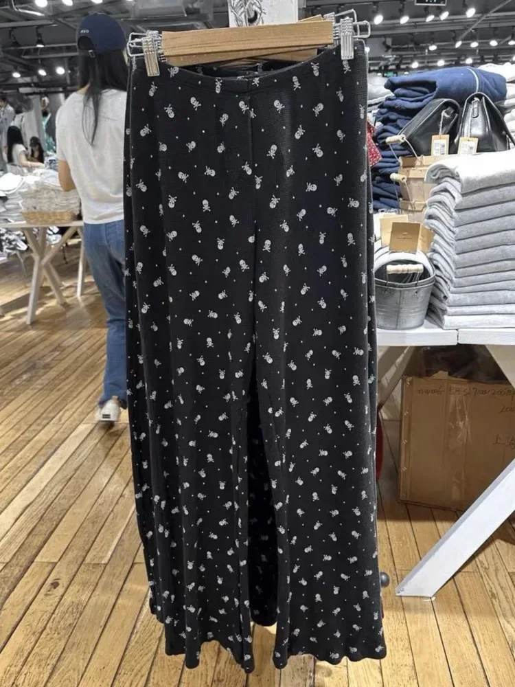 American Retro Chic Print Waffel Hose mit weitem Bein für Frauen 2024 Baumwolle lose straight elastische Taille Homwear lange Hose weiblich