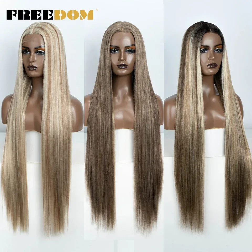 FREEDOM Gerade synthetische Spitze-Front-Perücke für Frauen, 96,5 cm lang, Ombre, Braun, Rot, Blond, Highlight-Spitze-Frontal-Perücken, Cosplay-Perücke