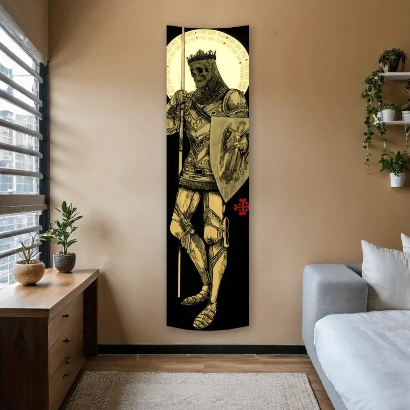 VIKAMA Langer Streifen Retro Totenkopf Templer Wandteppich Hängende Dekoration Dunkle Retro Coole Wanddekoration Raumdekoration