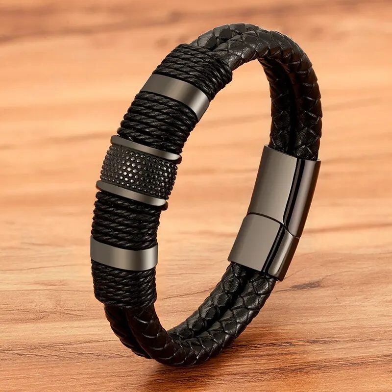 Vintage Woven Leder Seil Wrap Armbänder Für Männer Klassische Edelstahl Armreifen Armbänder Punk Armband Schmuck Männliche Geschenke