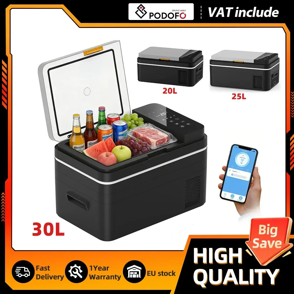 Podofo Auto-Kühlschrank 20L 25L 30L Mini-Kompressor-Autokühlschrank 48QT APP-gesteuerter Kühler 12 24V DC 100 240V AC für Camping, LKW, Zuhause, Reisen