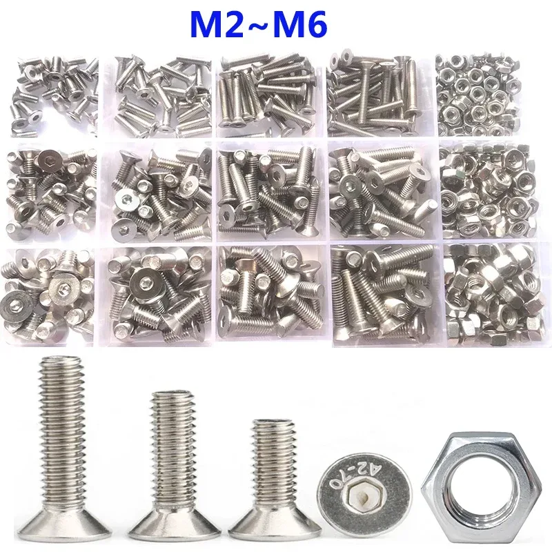 Innensechskantschraube M2 M2,5 M3 M4 M5 M6 DIN7991 Edelstahl 304 Innensechskant Innensechskant Flachsenkkopfschraube und Mutternensatz