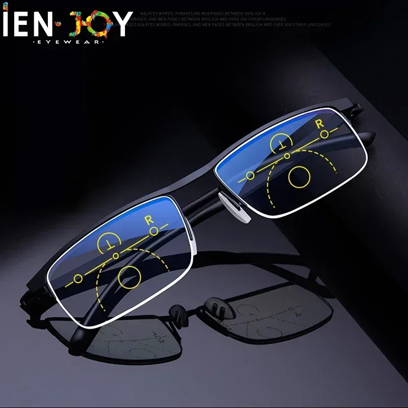 IENJOY Intelligente multifokale progressive Lesebrille, halber Rahmen, Anti-Blaulicht-Brille mit automatischer Anpassung und doppeltem Verwendungszweck