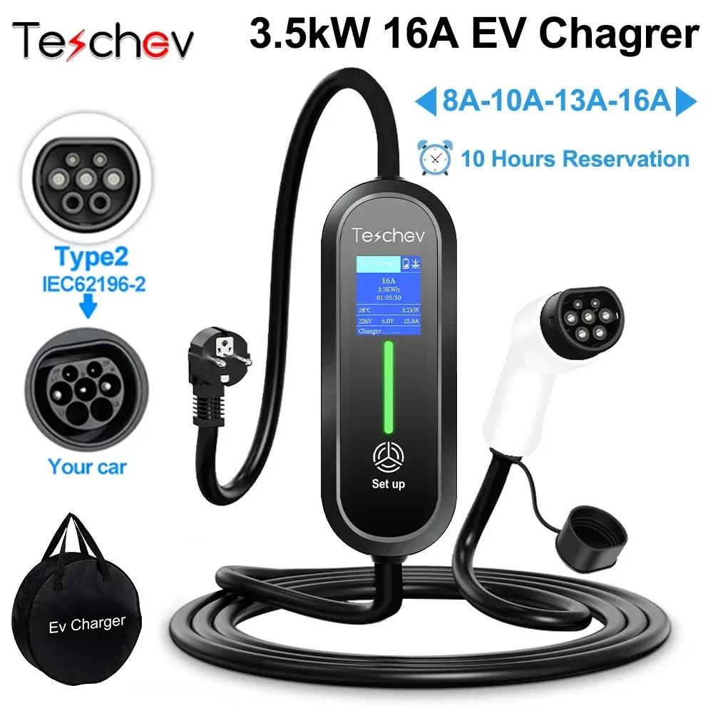 Teschev 220 V 230 V 16 A tragbares EV-Ladegerät Typ2 Ladekabel IEC62196-2 Wallbox-Kabel Schuko-Stecker für Elektroauto