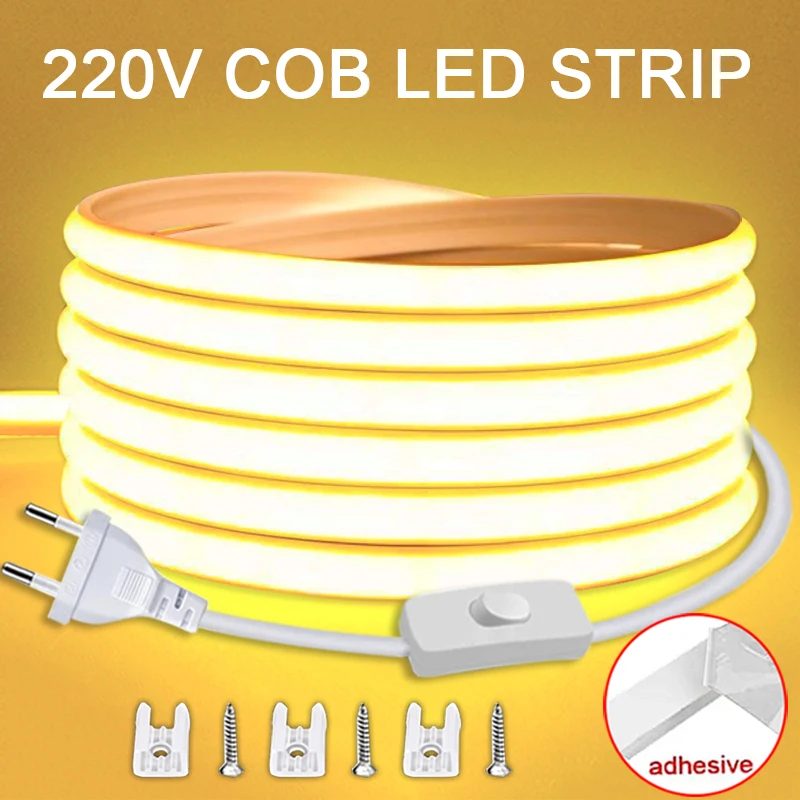 220 V LED-Streifen mit EIN/AUS-Schalter, wasserdichter COB-LED-Streifen, 220 V flexibles Band für Zimmer, Schlafzimmer, Küche, Gartenbeleuchtung im Freien