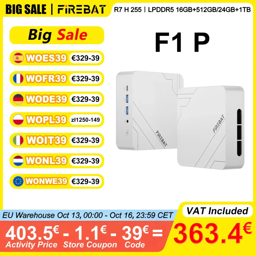 FIREBAT F1 P Mini-PC 16GB/24GB LPDDR5 5600MHz 512GB/1TB SSD AMD Ryzen 7 H 255 Win11 Pro Wi-Fi 6 BT5.2 USB4.0 Gaming Desktop Mini-Computer