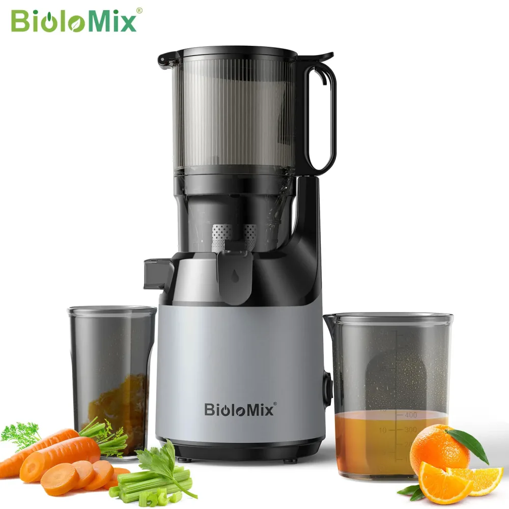BioloMix Kaltpress-Entsafter, mit 130-mm-Einzugschacht, passend für ganzes Obst und Gemüse, hohe Saftausbeute, langsam kauender Entsafter in BPA-frei