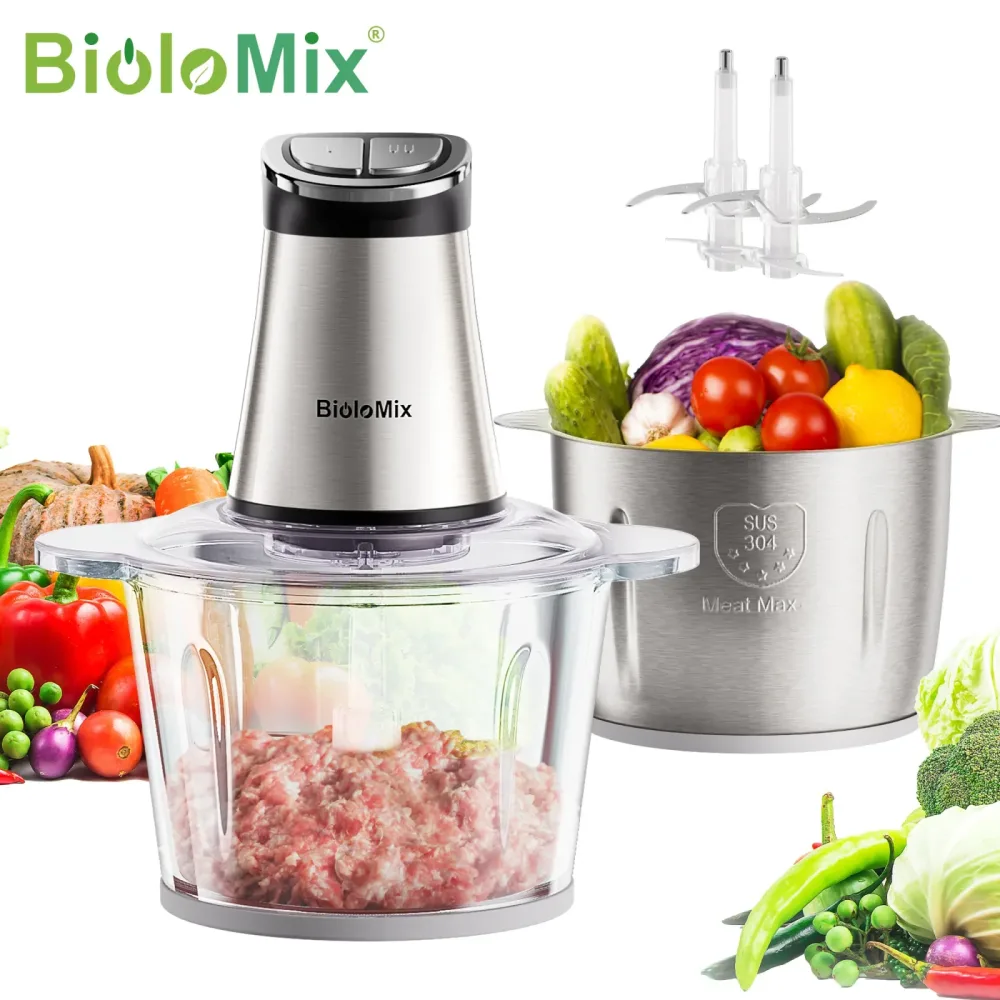 BioloMix 300W Elektrischer Zerkleinerer, Mini-Format mit 2 Schüsseln & 4 Klingen ? Perfekt für Babynahrung, Hackfleisch, Zwiebeln & Kräuter