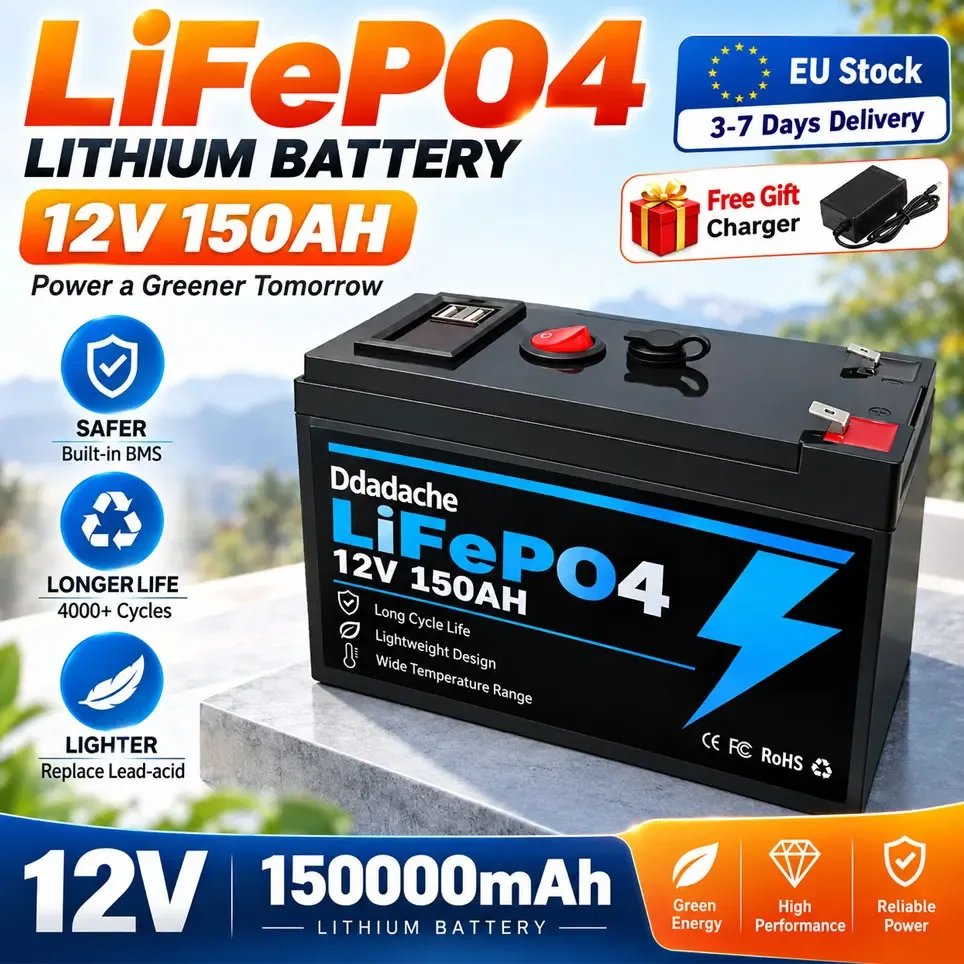 12V 150Ah LiFePO4 Lithium-Batterie mit integriertem BMS, 4000+ Tiefentladungen, Polen-Lager, für Solarpanel, USV, Kajak, Fischfinder, Radio