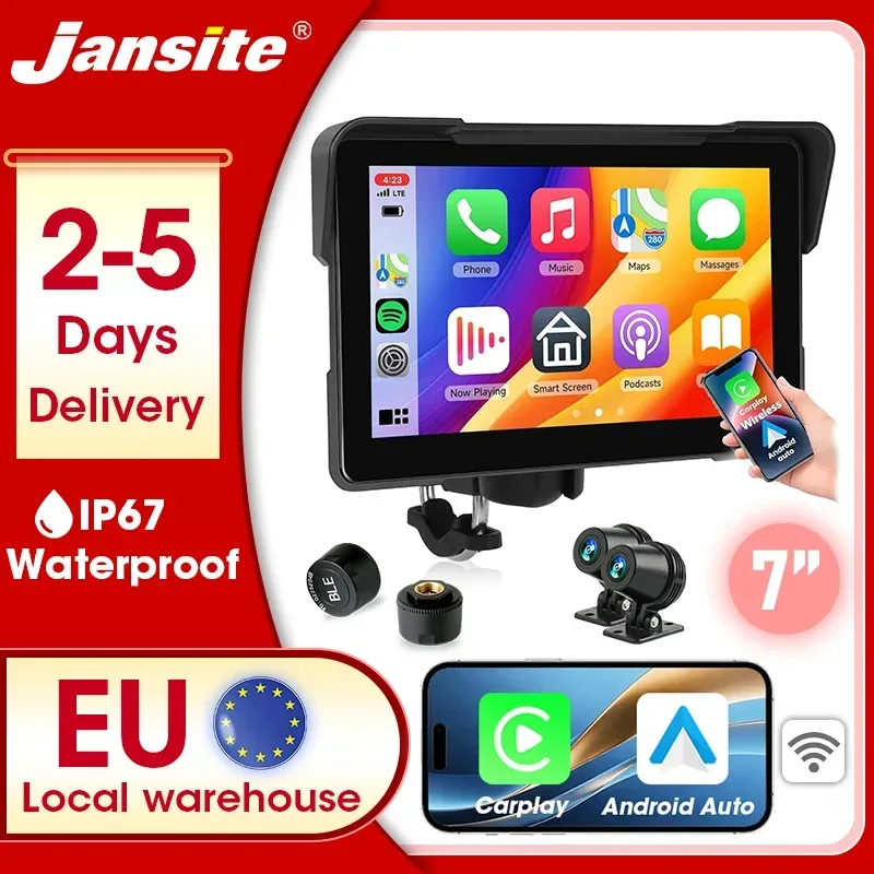 Jansite 5/7 Zoll Motorrad Carplay 1080P Dual Lens IPX7 Wasserdicht Android Auto Moto Navigation GPS Multimedia Motorrad DVR Bluetooth 5.0