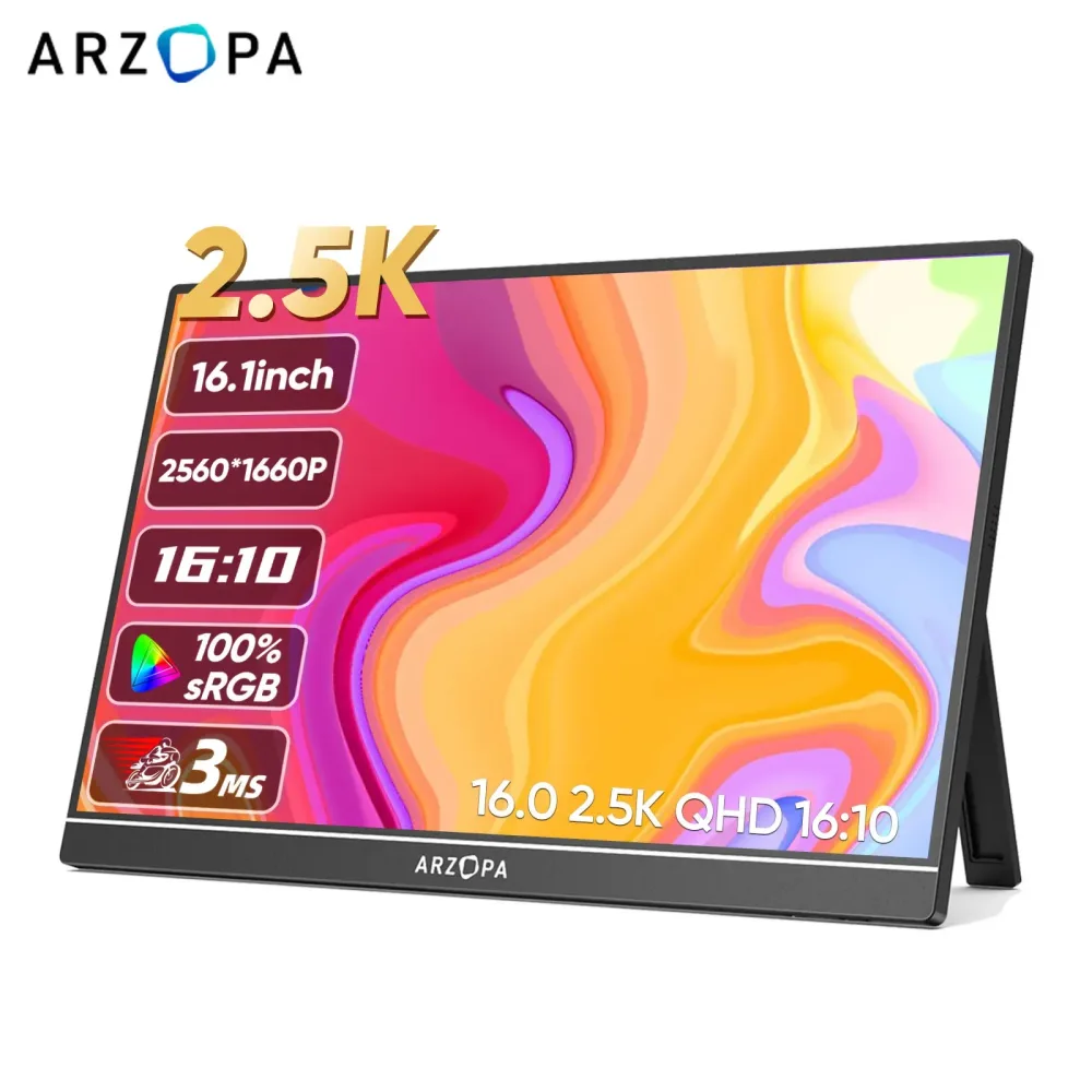 ARZOPA 16 Zoll 2K tragbarer Monitor 16:10 IPS-Bildschirm mit Typ-C-Mini-HDMI-Sekundenanzeige für MAC/Laptop/PC/Xbox/PS4/5/Switch, Z1RC