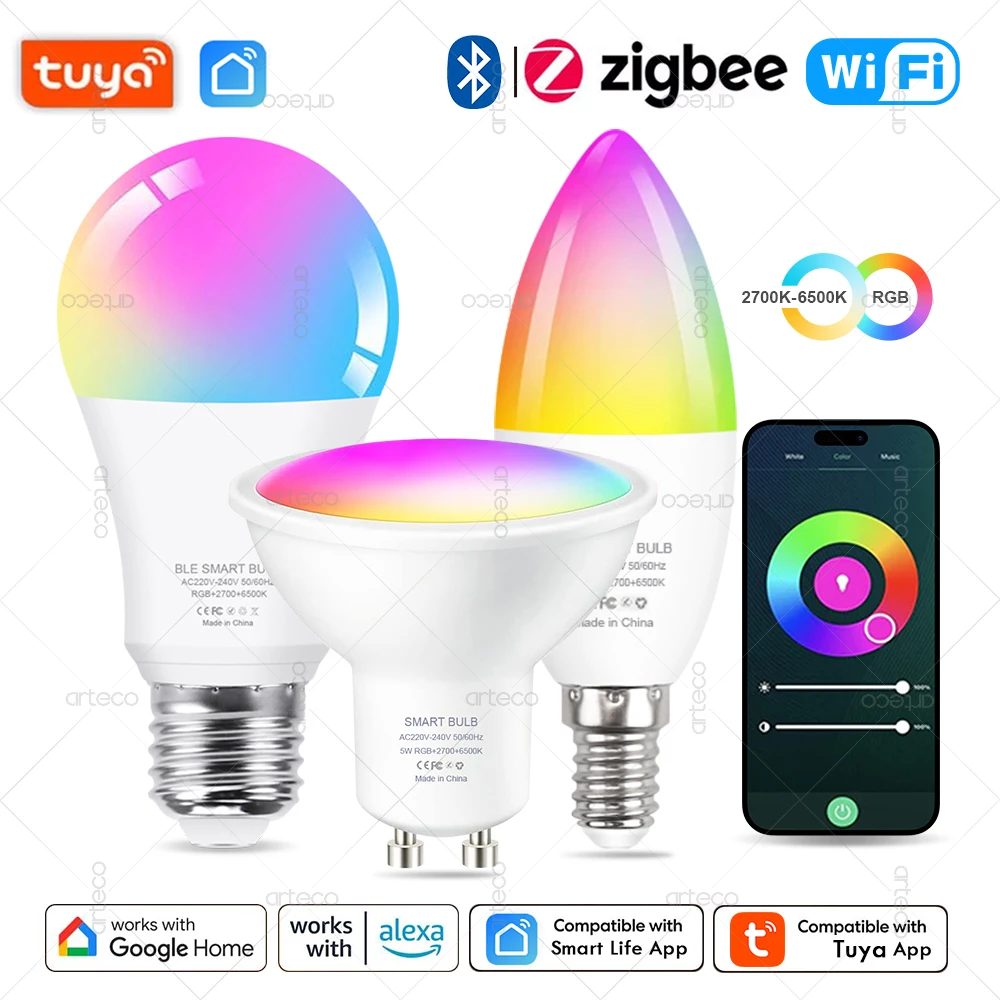 Tuya E27 E14 GU10 Glühbirne WIFI Zigbee Bluetooth, dimmbare intelligente LED-Lampe 2700?6500 K RGB, LED-Glühbirne funktioniert mit Alexa Amazon Google