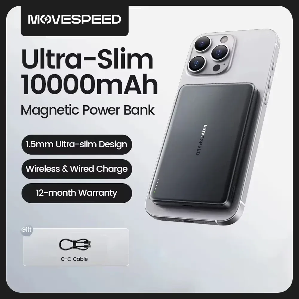 MOVESPEED S10 Slim Magnetic Power Bank 10000 mAh PD20W Tragbares Ladegerät Drahtloser externer Akku für iPhone 16 Samsung Powerbank