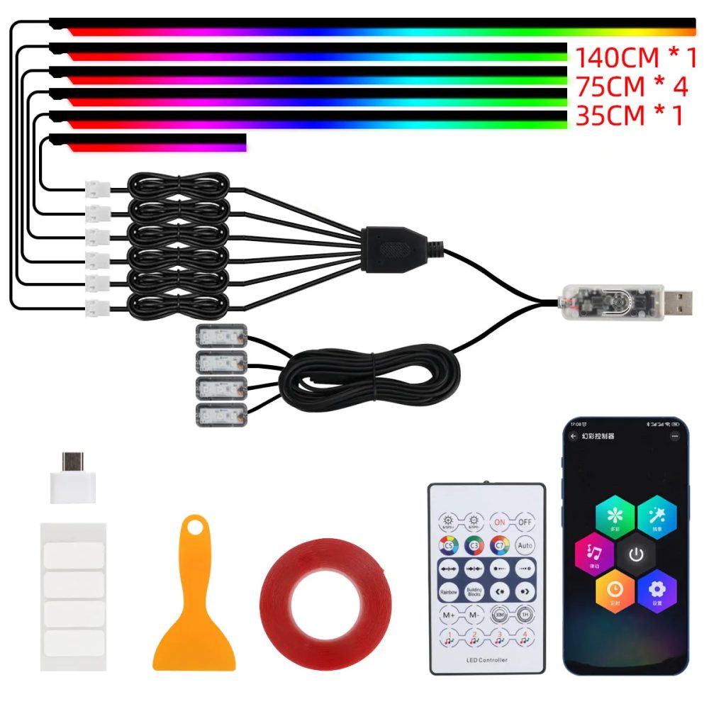 10-in-1-Auto-LED-Acryl-Lichtleiste, RGB Symphony, Auto-Innenleiste, Lichter mit Fernbedienung/APP-Steuerung, dekorative Atmosphärenlampe