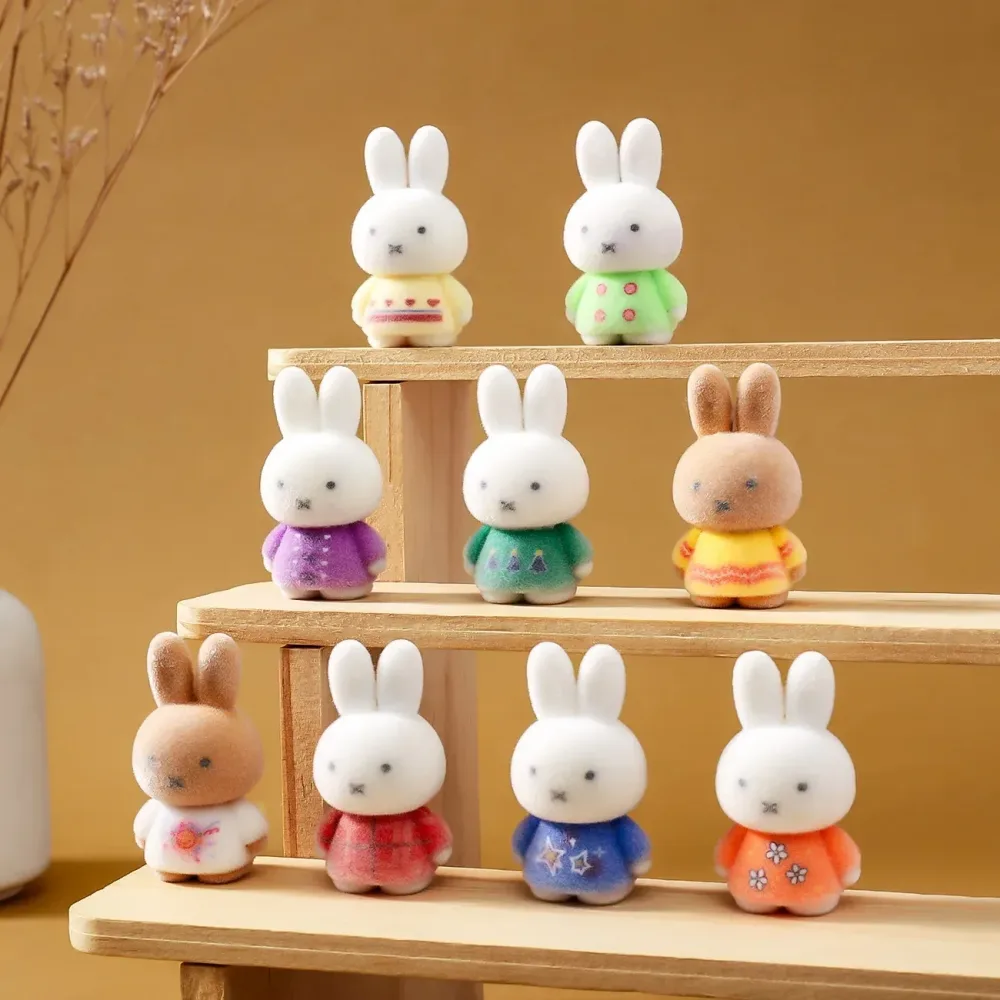 Mini Beflockte Miffy Hasen-Figuren Niedliche Cartoon-Kaninchen-Puppen Kawaii Schreibtisch-Ornamente Sammlerstücke Mini Tierfiguren Geschenk