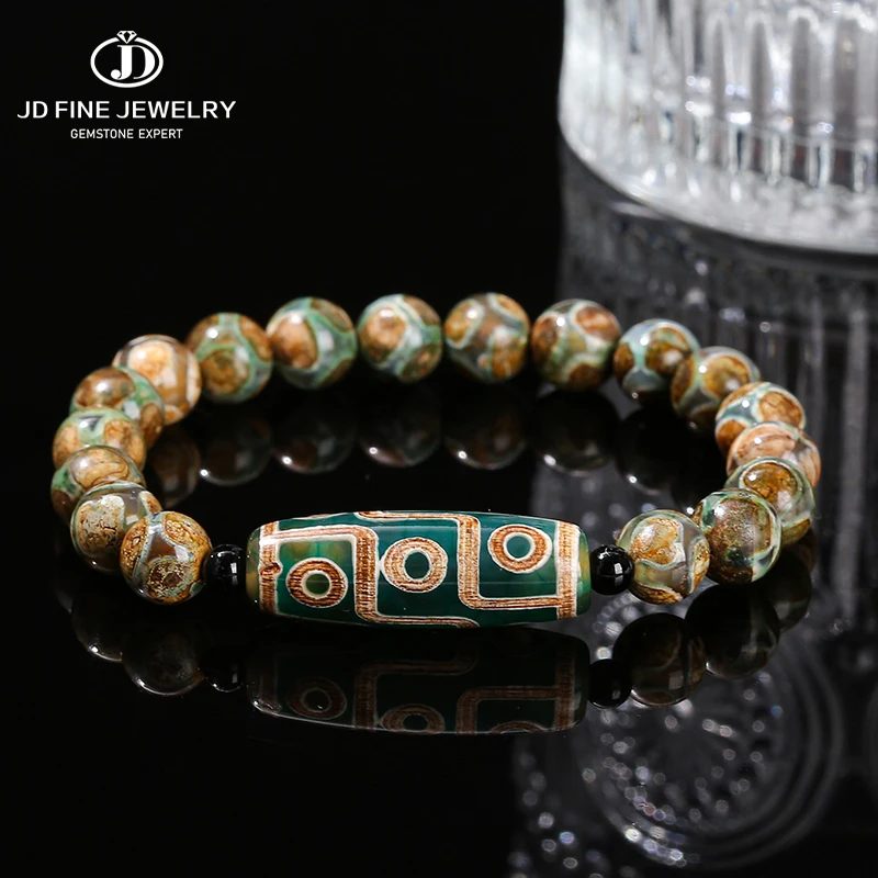 JD Natürliche Grüne Neun Augen Tibetischen Dzi Achat Barrel Perlen Armband Frauen Männer Retro Healing Buddha Gebet Charme Yoga Schmuck Geschenk