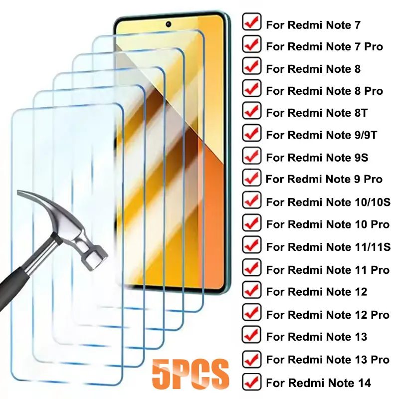 5Pcs Gehärtetem Glas Für Xiaomi Redmi Hinweis 13 12 Pro 5G Screen Protector Für Redmi Hinweis 11 10 9 8 14 7 Pro 8T 9T 9S 10S 11S Glas