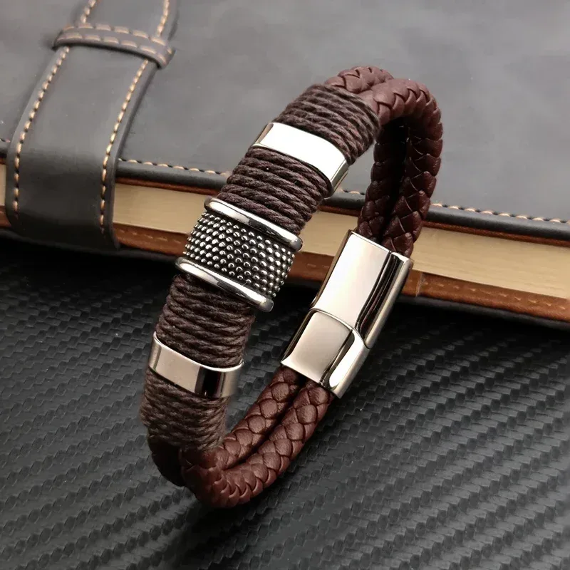 Luxus Vintage Multilayer Braun Leder Edelstahl Männer Armband Perlen Armband Schmuck Männliche Handgelenk Armreif Weihnachten Geschenke