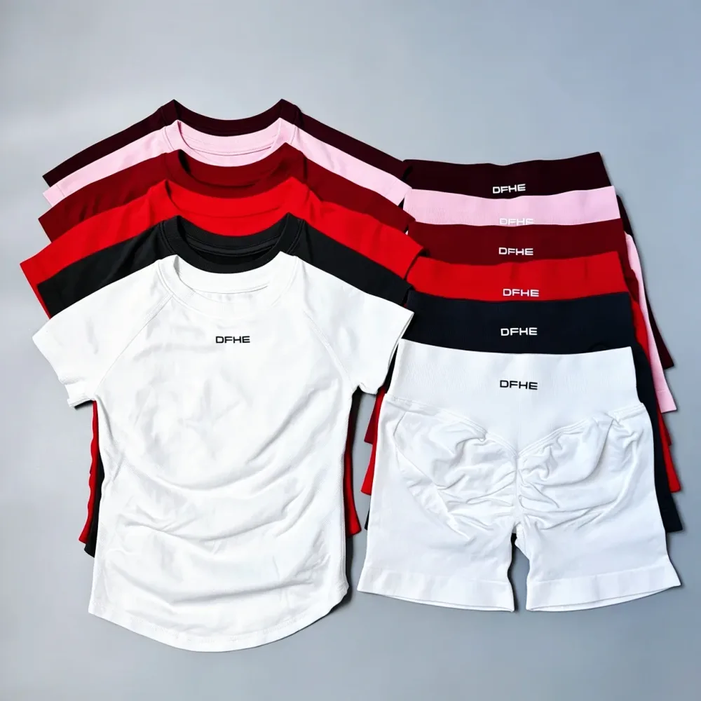 DFHE 2-teiliger Sportanzug, nahtlose Kurzarm-Yoga-Kleidung, hochelastische Laufshorts, Trainingsoutfit für das Fitnessstudio