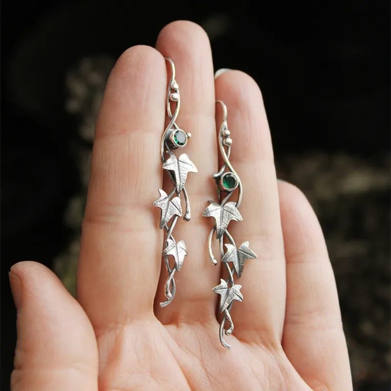 Vintage Ivy Elven Leaf Ohrringe für Frauen Silber Farbe Metall Kristall Ohrringe weibliche Mode individuelle Schmuck