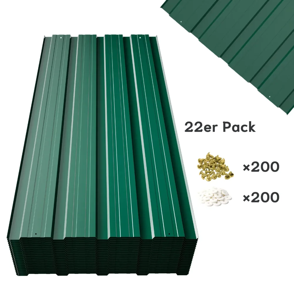 22er-Pack Metalldachplatten, 0,25 mm Trapezförmige Verzinkte Dachbleche, Wasserdichte UV-Beständige Stahldachplatten für Gartenhaus, Pavillon, Hühnerstall, Zaun