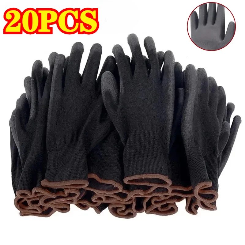 20 Stück schwarze PU-beschichtete Handschuhe, Nylon-Polyurethan-Handschuhe, rutschfest, langlebig, atmungsaktiv, Holzarbeiten, Outdoor-Arbeit, Automobilreparatur