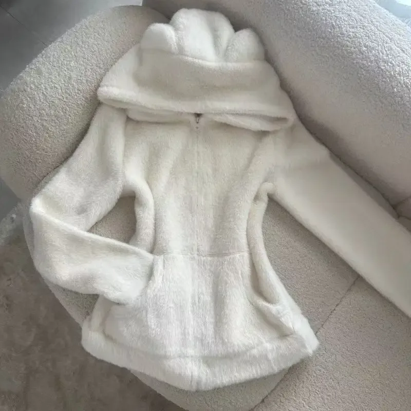 2025 Kawaii Plüsch Hoodie Frauen Bär Ohr Zip Jacke Weiche Warme Fleece Mantel Koreanische Süße Mädchen Winter Oberbekleidung Nette Mode Trend