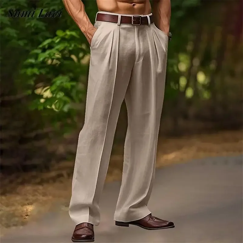 Vintage Einfarbig Lose Leinen Hosen Für Herren Frühling Sommer Neue Beiläufige Gerade Hosen Männer Mode Plissee Atmungsaktive Hose