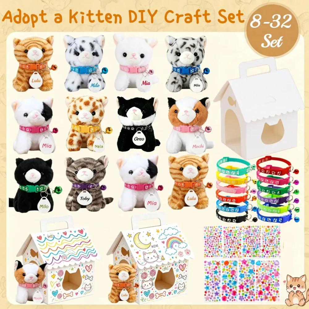 8-32er-Set ?Kätzchen adoptieren?-Partygeschenke, Katzen-Stofftiere in Großpackung, verstellbares Halsband, ID-Karte und DIY-Kätzchenhaus für Geburtstags- und Babypartys