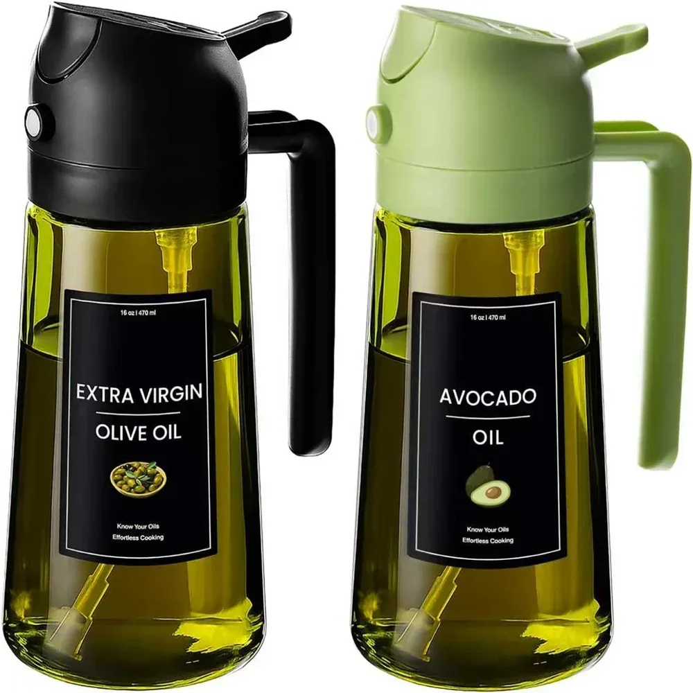 Olivenölspender, Sprühgerät zum Kochen, 2-in-1-Spray und Ausgießen, dunkelgrüne Glasölflasche mit Aufklebern, 16-Unzen-470-ml-Ölsprüher