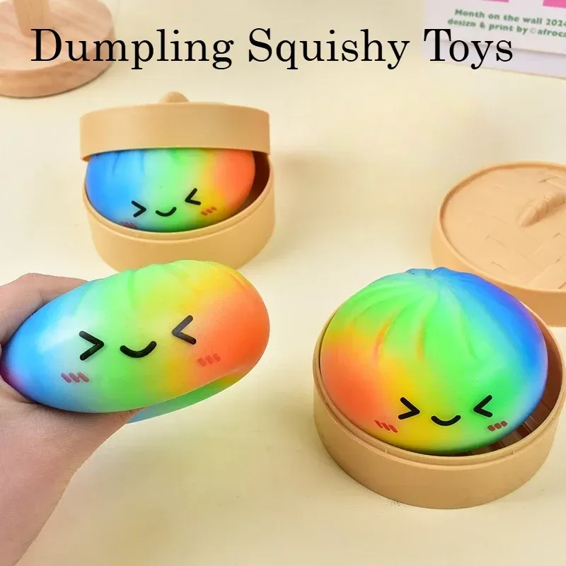 Regenbogenfarbenes Dumpling Squishy Spielzeug mit Bambus, langsam aufsteigender Stressabbau-Fidget-Ball, weiche Quetschspielzeuge für Erwachsene & Kinder