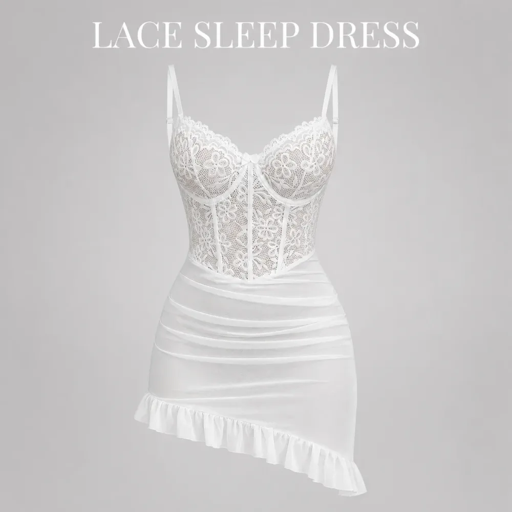 Transparentes Spitzen-Nachthemd für Damen mit passendem Slip, gerafftem Rüschensaum, Babydoll-Schlafanzug, vier Farben, S-XL