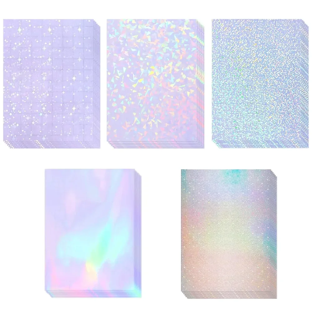 20 Blatt holografisches Aufkleberpapier A4, transparentes Vinyl, selbstklebend, wasserfest, transparente Laminierfolien, 11,7 x 8,3 Zoll, 5 Stile