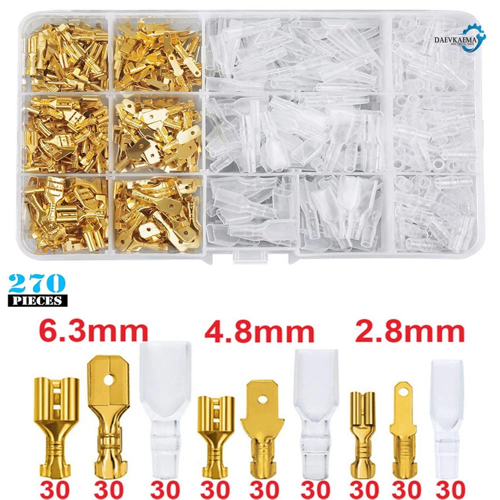 Kaltgepresst, 270 Stück, 2,8/4,8/6,3 mm, isoliert, männlich, weiblich, Drahtverbinder, elektrische Crimp-Anschlüsse, Termin-Spaten, verschiedene Kit-Box