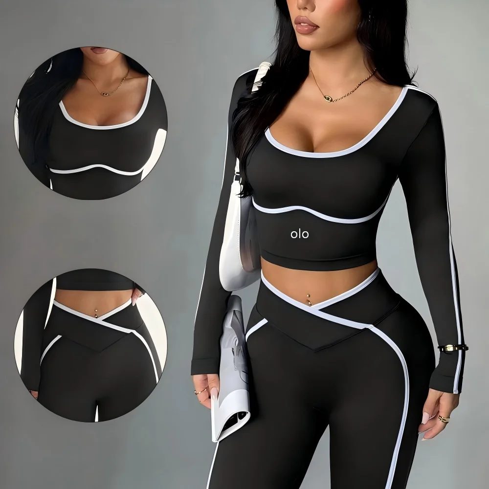 2026 Beliebtes Farbblock-Yoga-Set, Enganliegende Yoga-Langarmhose mit V-Taille und Hüftlift-Effekt, Luxus-Set