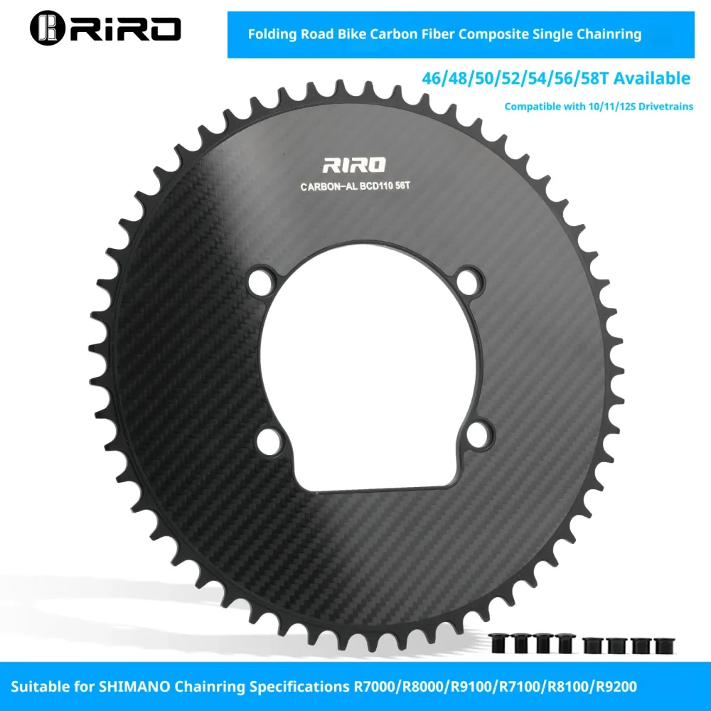 RIRO CFA-S Carbonfaser-Kettenblatt 46/48/50/52/54/56/58T für Shimano 110BCD Rennrad 10-12S Ultraleichtes Einzelkettenblatt
