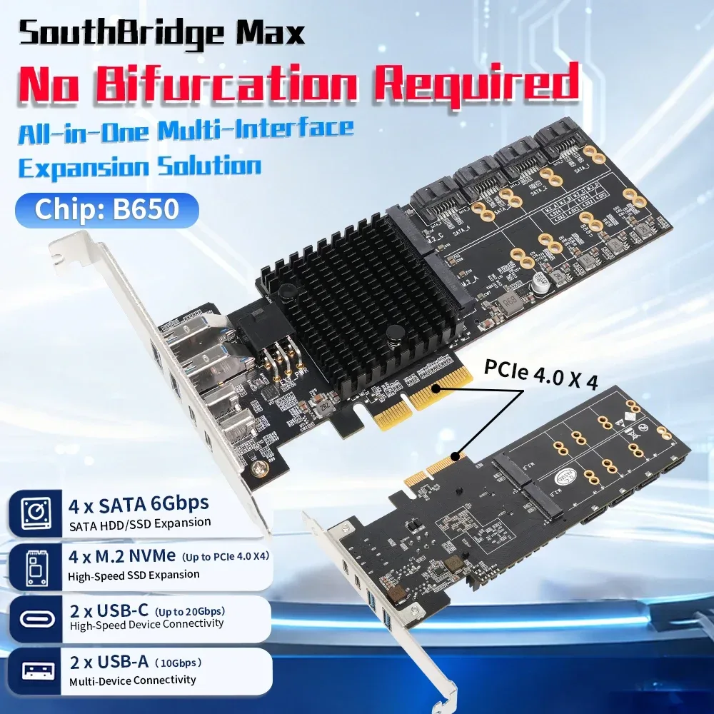 Lekuo SouthBridge Max Ohne Bifurkation PCIe 4.0 zu 4 M.2 NVMe SSD Adapterkarte 4 SATA 6G 20G USB-C Riser Erweiterung für PC NAS